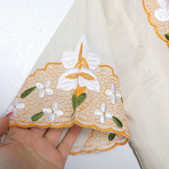 Vintage Ethnic Floral Embroidered Top Short Sleeve Shirt Mexico Yellow Cream - Picture 9 of 10